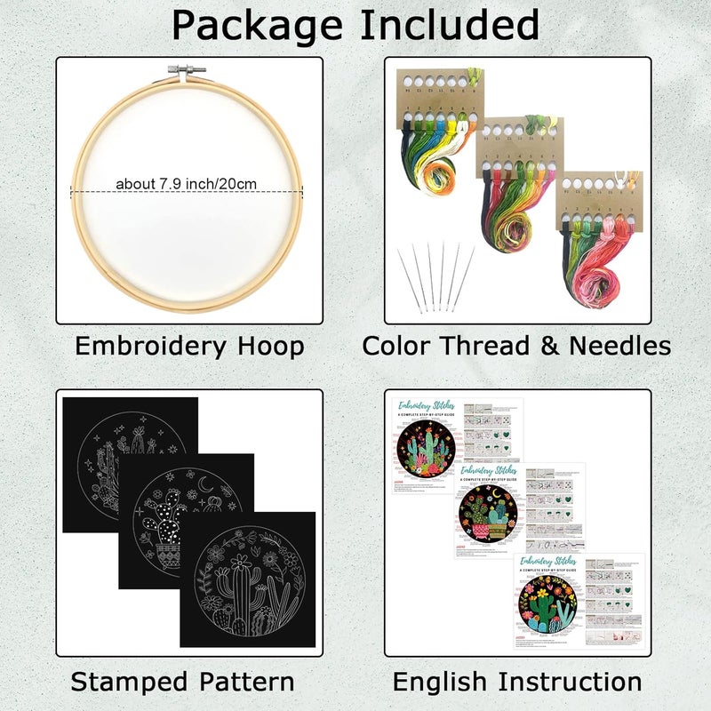 Nuberlic 3 Pack Embroidery Kit for Beginner Adults, Stamped Cross Stitch with Cactus Patterns Include 3 Hoop, Cloth Thread Needles and Instructions - Image 3